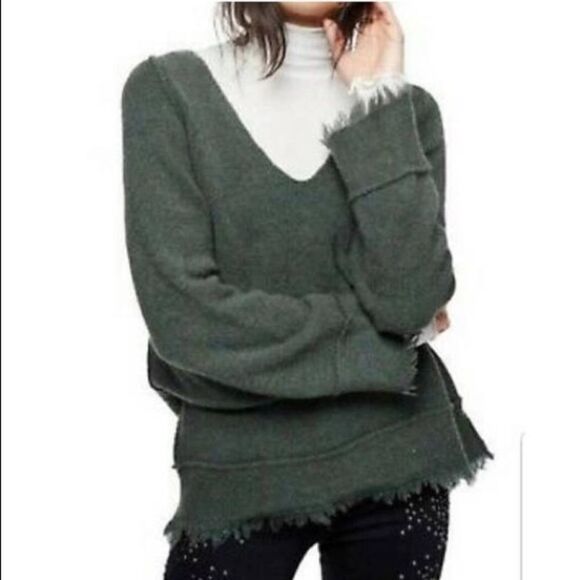 FREE PEOPLE Boho Irresistible Oversized Wool V-Neck Sweater Green XS - Picture 9 of 11
